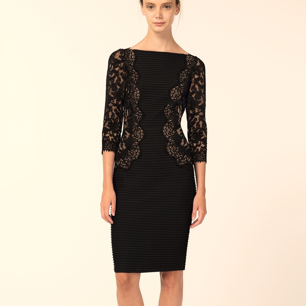 Tadashi Shoji Pintuck Jersey and Lace ¾ Sleeve
Dress in Black / Nude